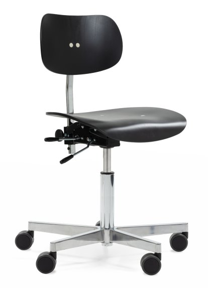 S 197 R20 Swivel Chair, Without armrests, Black stained beech, Chrome plated/polished aluminum, Double castors black for hard floor