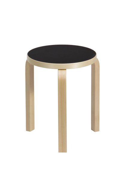 Stool 60, Seat black lino, Legs birch clear varnished