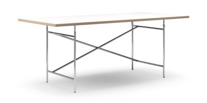 Eiermann Table, White melamine with oak edge, 200 x 90 cm, Chrome, Vertical,  offset (Eiermann 2), 135 x 66 cm