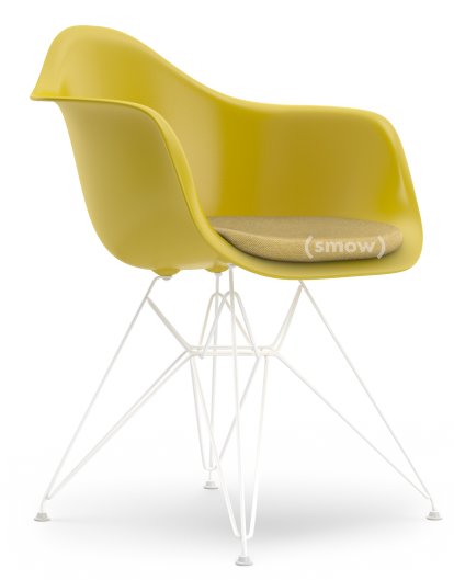 Eames Plastic Armchair DAR, Mustard, With seat upholstery, Mustard / ivory, Standard version - 43 cm, Coated white