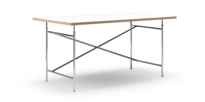 Eiermann Table, White melamine with oak edge, 160 x 90 cm, Chrome, Vertical,  offset (Eiermann 2), 135 x 66 cm